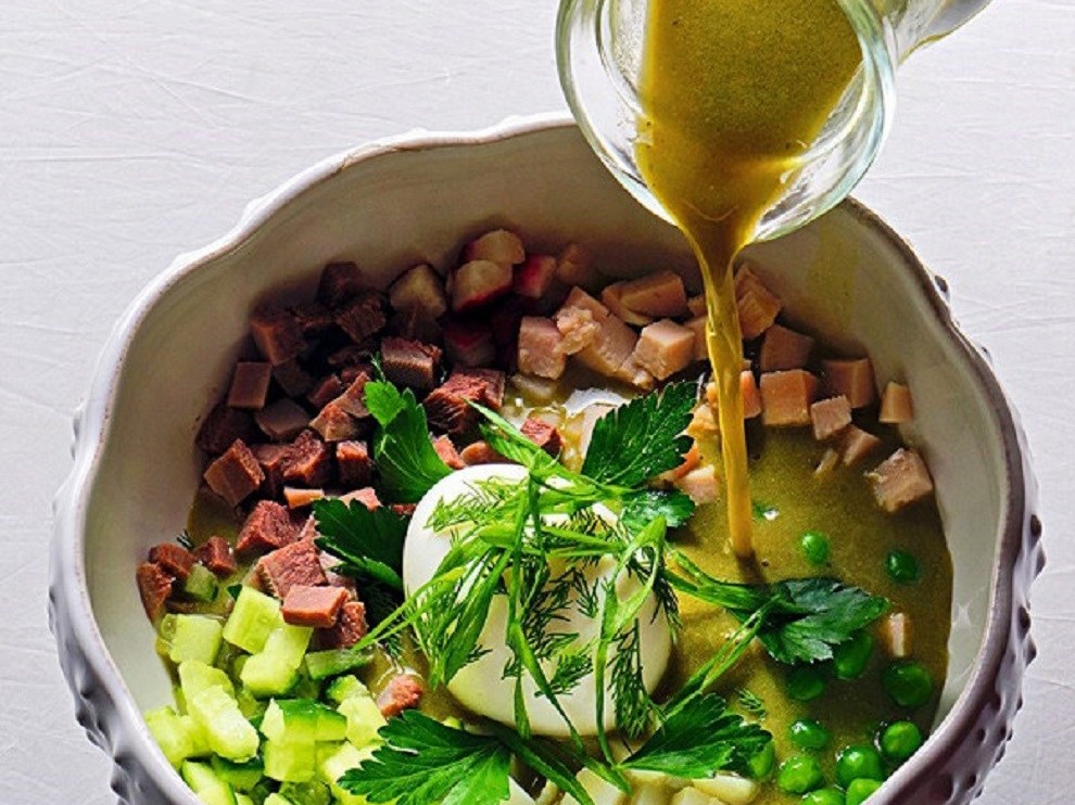 Okroshka with Kvass, Tongue, and Chicken