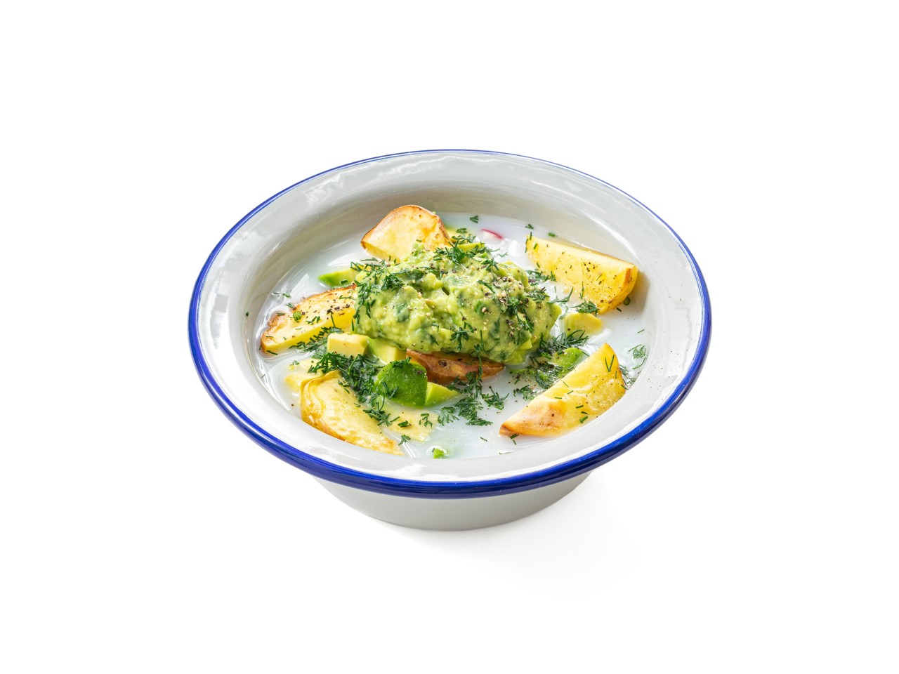 Okroshka with Cheese and Young Baked Potatoes