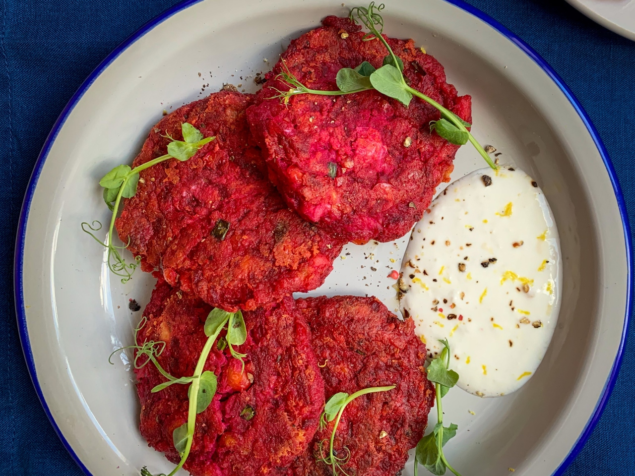 Pancakes with Red Fish and Beetroot Served with Horseradish Yogurt