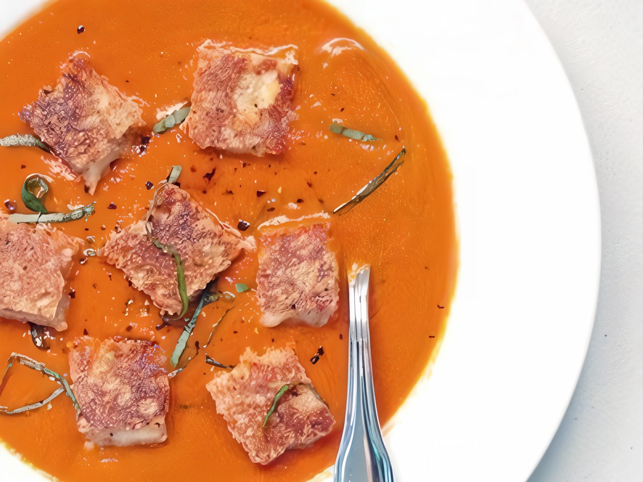 Spicy Tomato Soup with Cheese Croutons