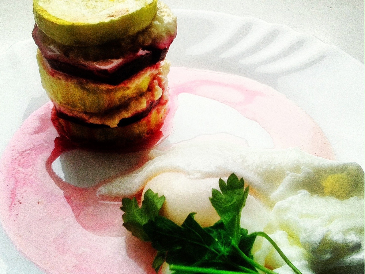 Vegetable Millefeuille with Zucchini and Beetroot and Poached Eggs