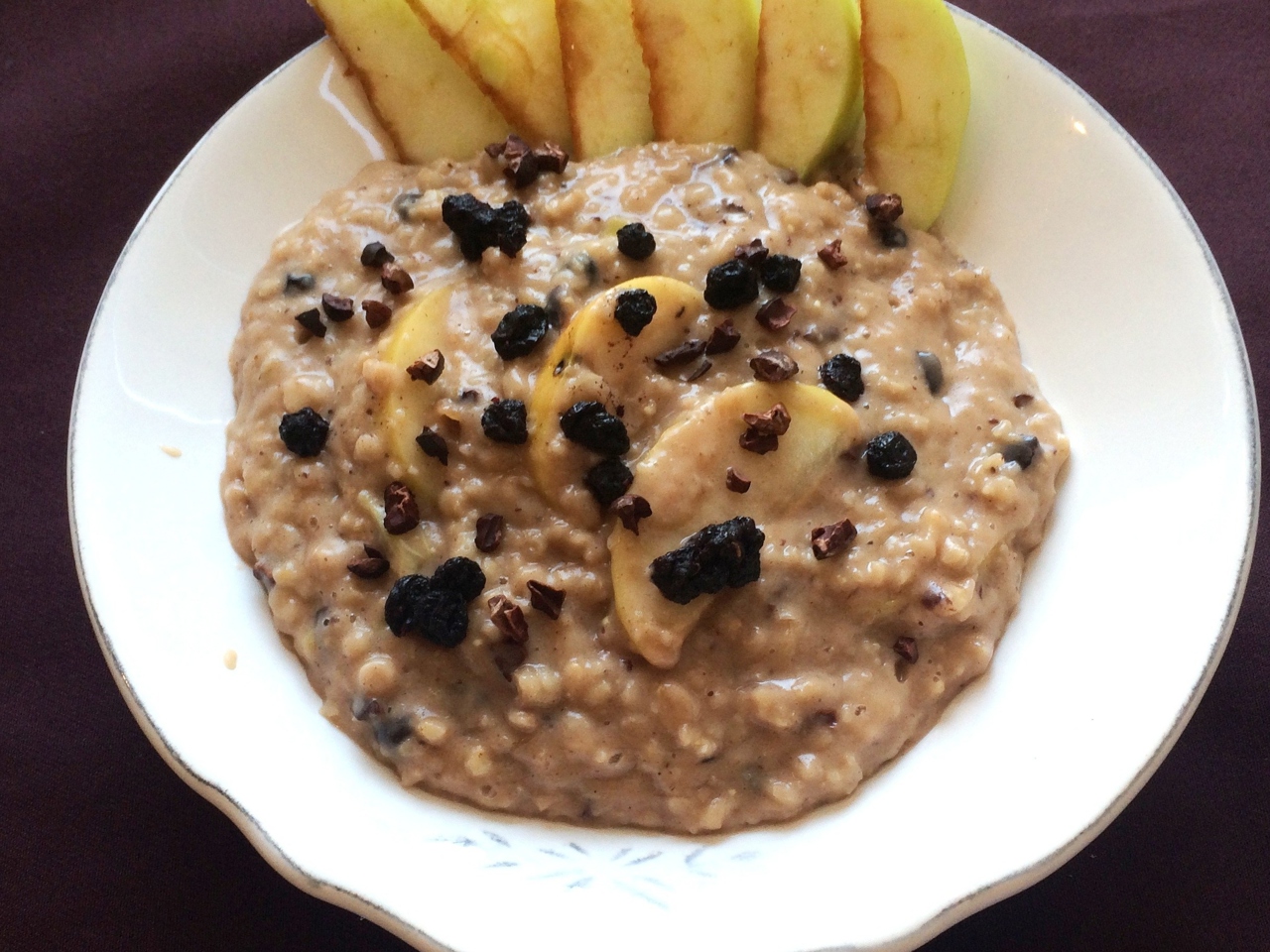 Oatmeal with Antonovka Apples, Dried Blueberries, and Rhubarb
