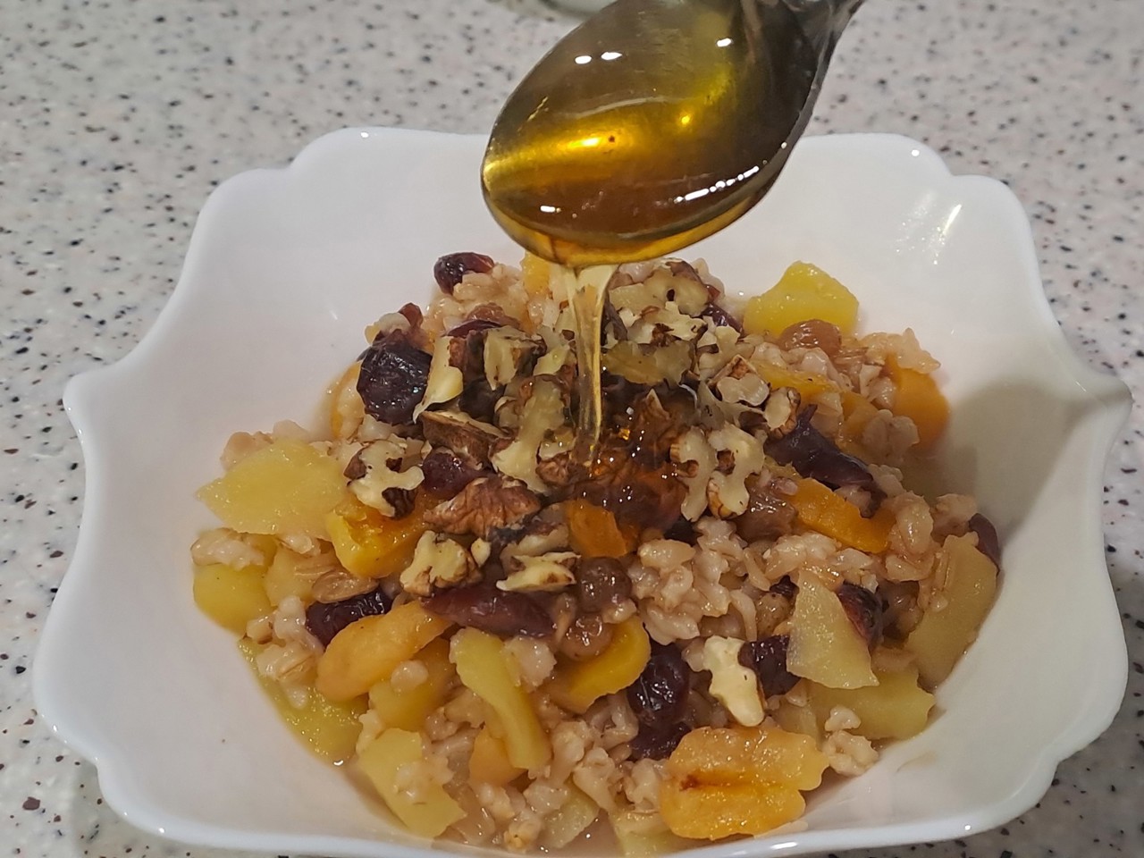 Oatmeal for Breakfast with Dried Cherries, Dried Apricots, Raisins, and Apple