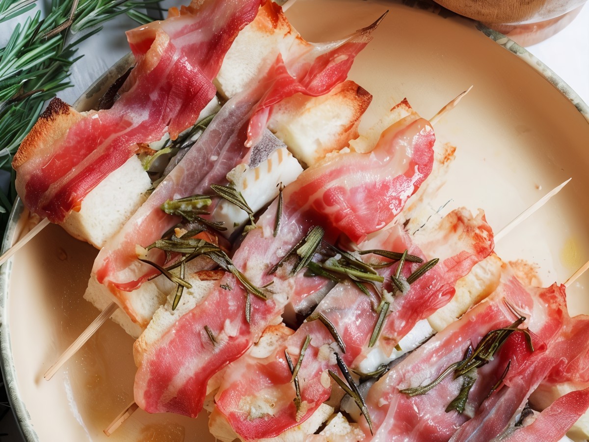 Halibut Skewers with Bread and Bacon