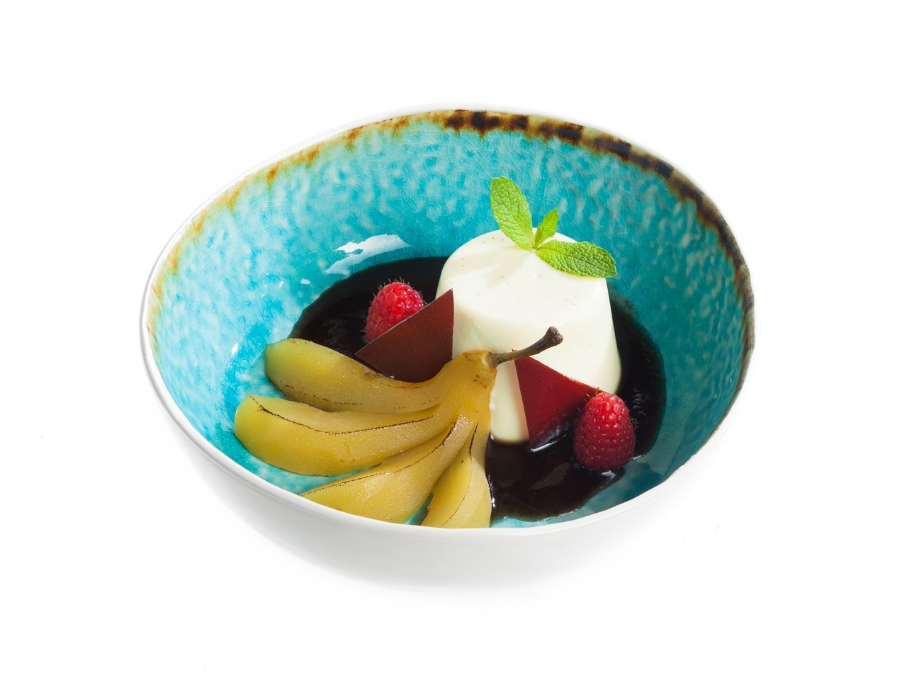 Panna Cotta with Olive Caramel and Pear in Syrup