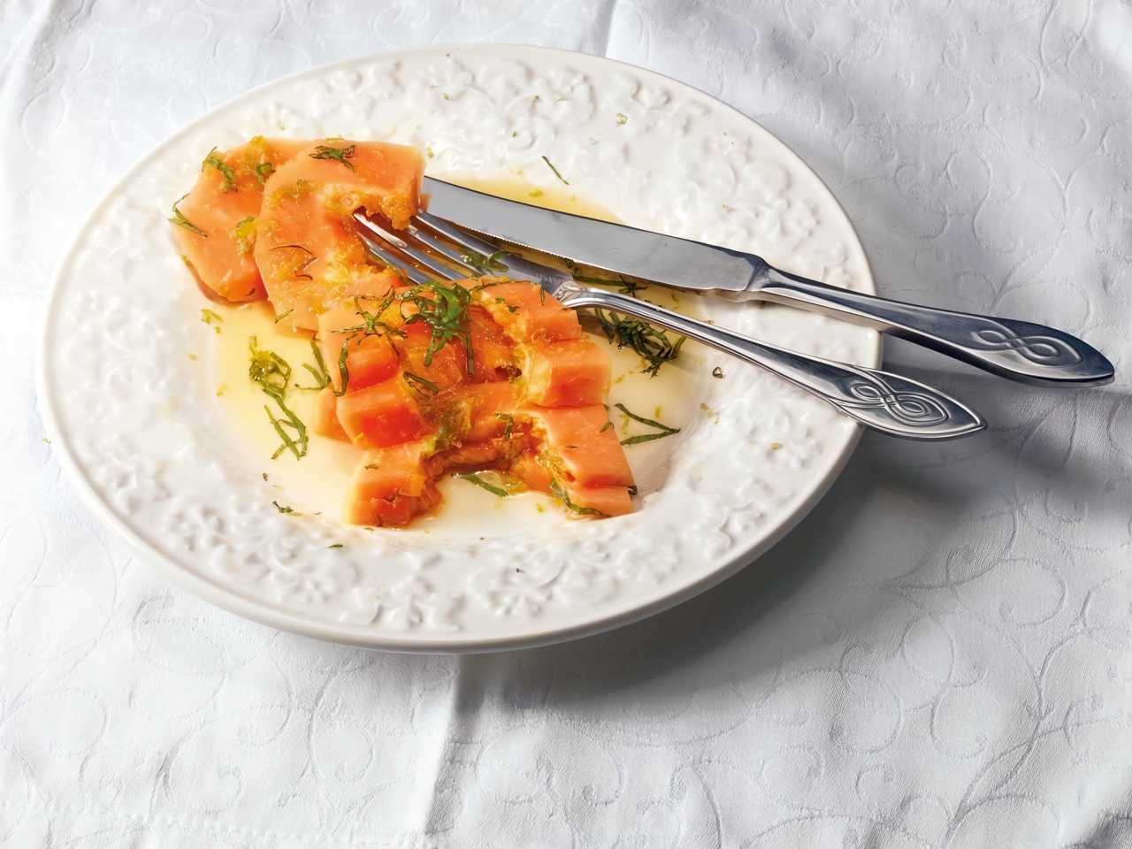 Papaya with Lime Juice, Honey, Mint, and Basil