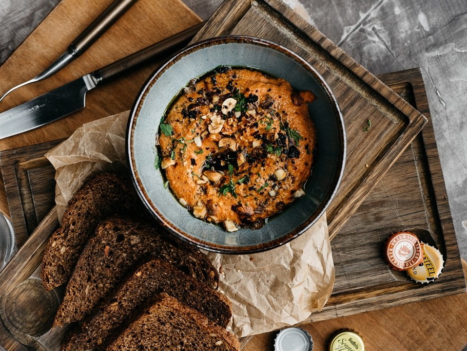 Roasted Bell Pepper Pâté with Curry Oil and Walnuts