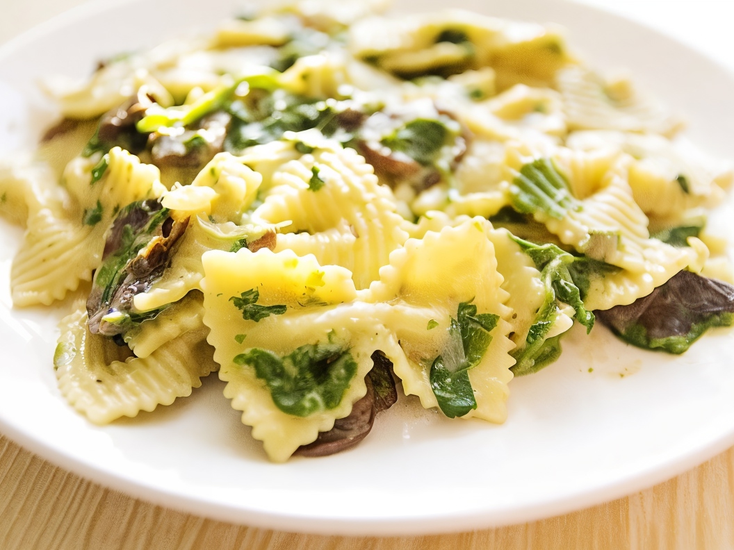 Farfalle Pasta with Mushrooms and Spinach in Cream Sauce