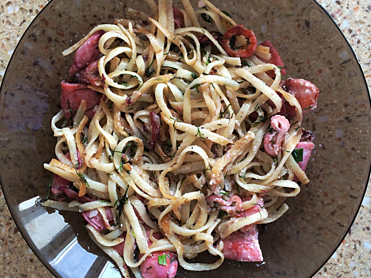 Linguine Pasta with Squid and Herbs in Cream Sauce