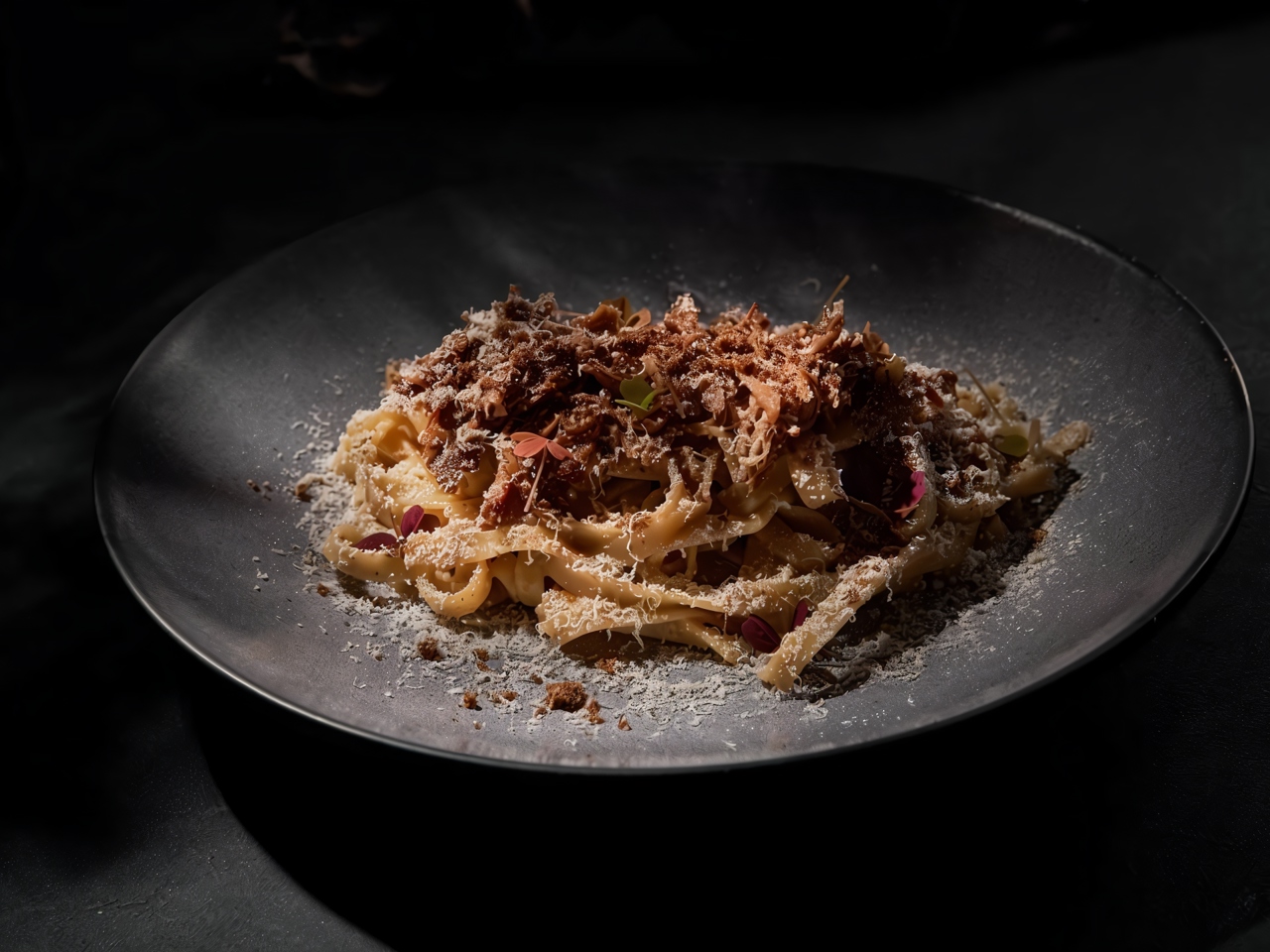 Pasta with Roasted Seeds, Duck, and Mushroom Ponzu