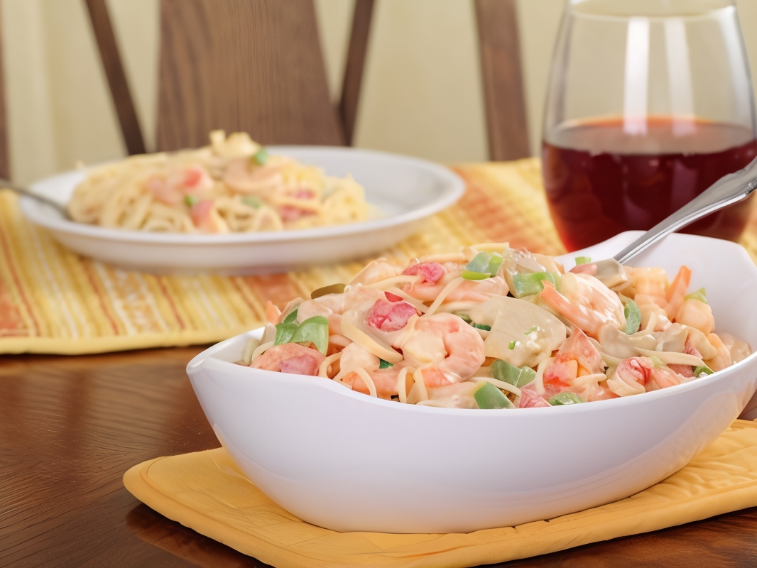 Pasta in Creamy Garlic Sauce with Shrimp and Vegetables