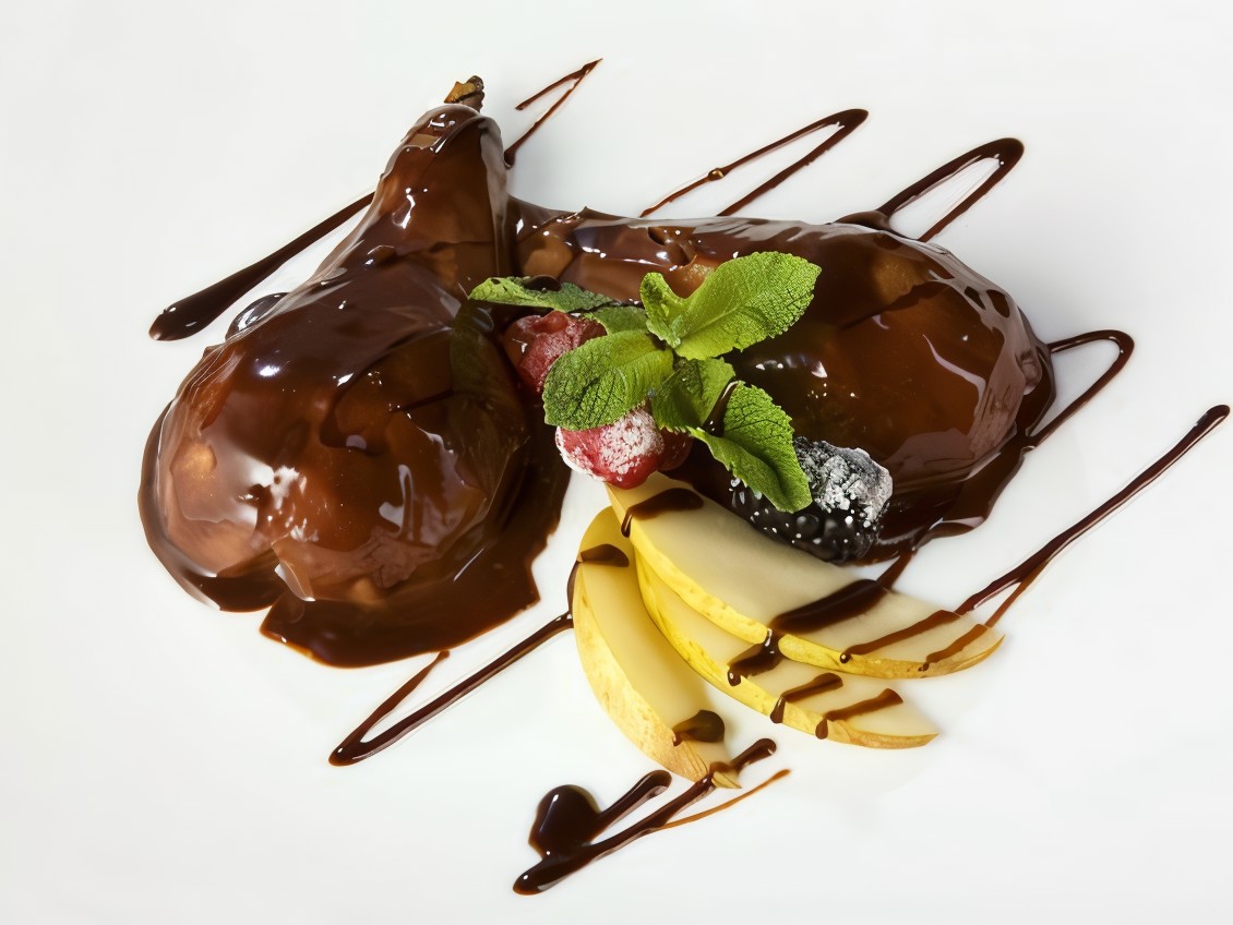 Baked Pears with Dried Cherries and Chocolate Sauce
