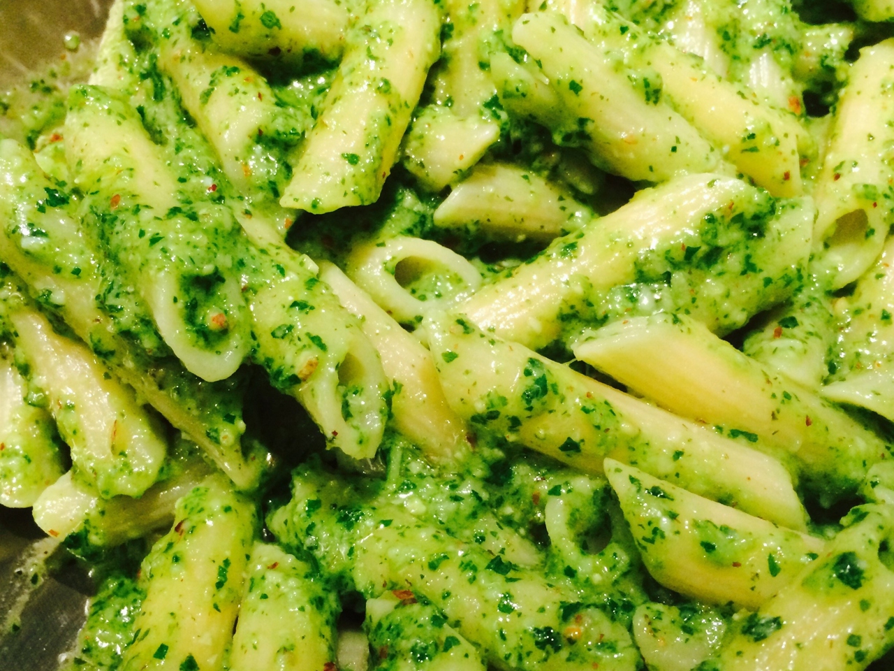 Penne with Basil and Arugula Pesto with Hazelnuts