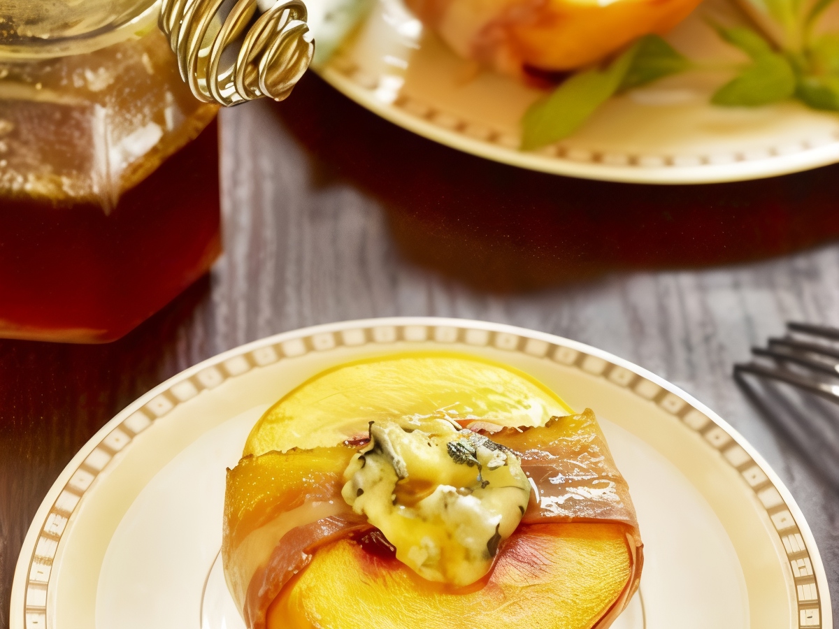 Peaches with Cheese in Bacon