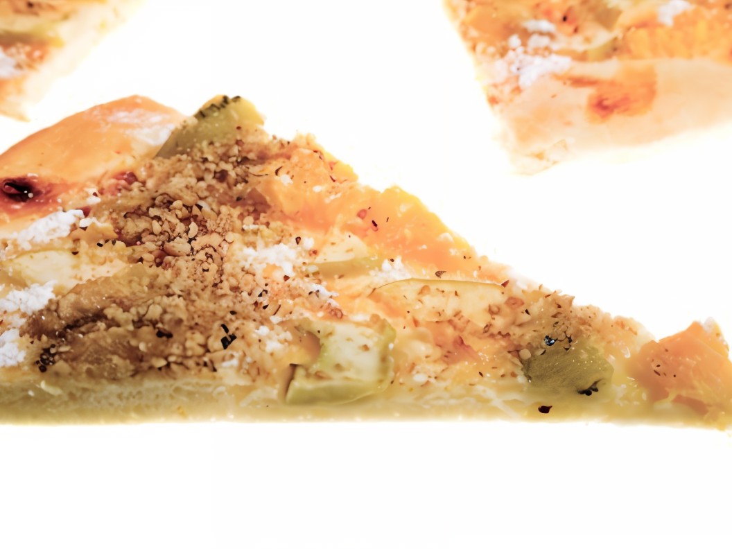 Pizza with Pear, Onion, Nuts, and Two Types of Cheese