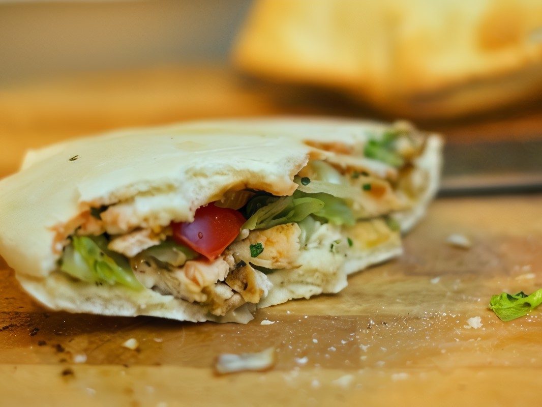 Pita with Grilled Salmon, Avocado, and Arugula with Wasabi Sauce