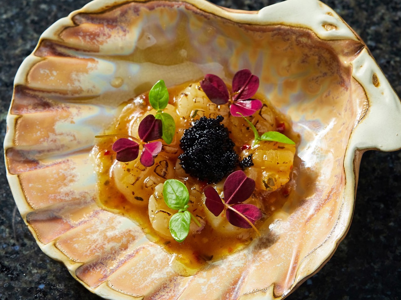 Smoked Far Eastern Scallop on Peach Wood with Ponzu Sauce