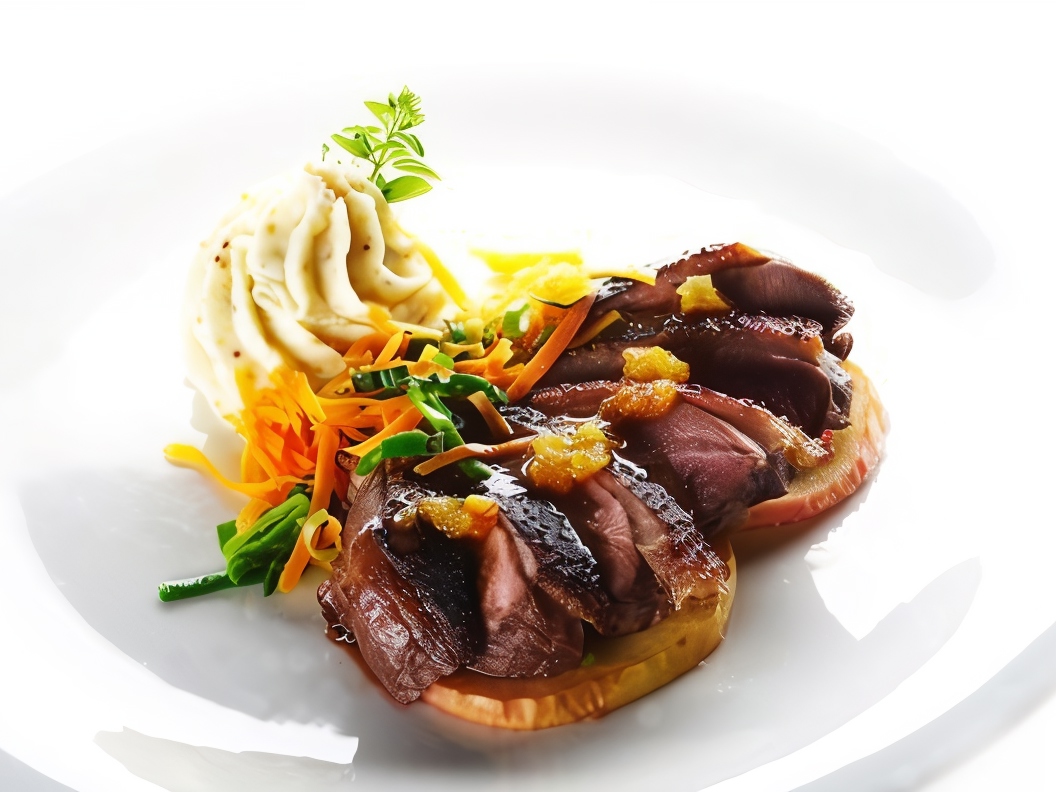 Dried Duck Breast with Red Wine Sauce and Caramelized Kumquat
