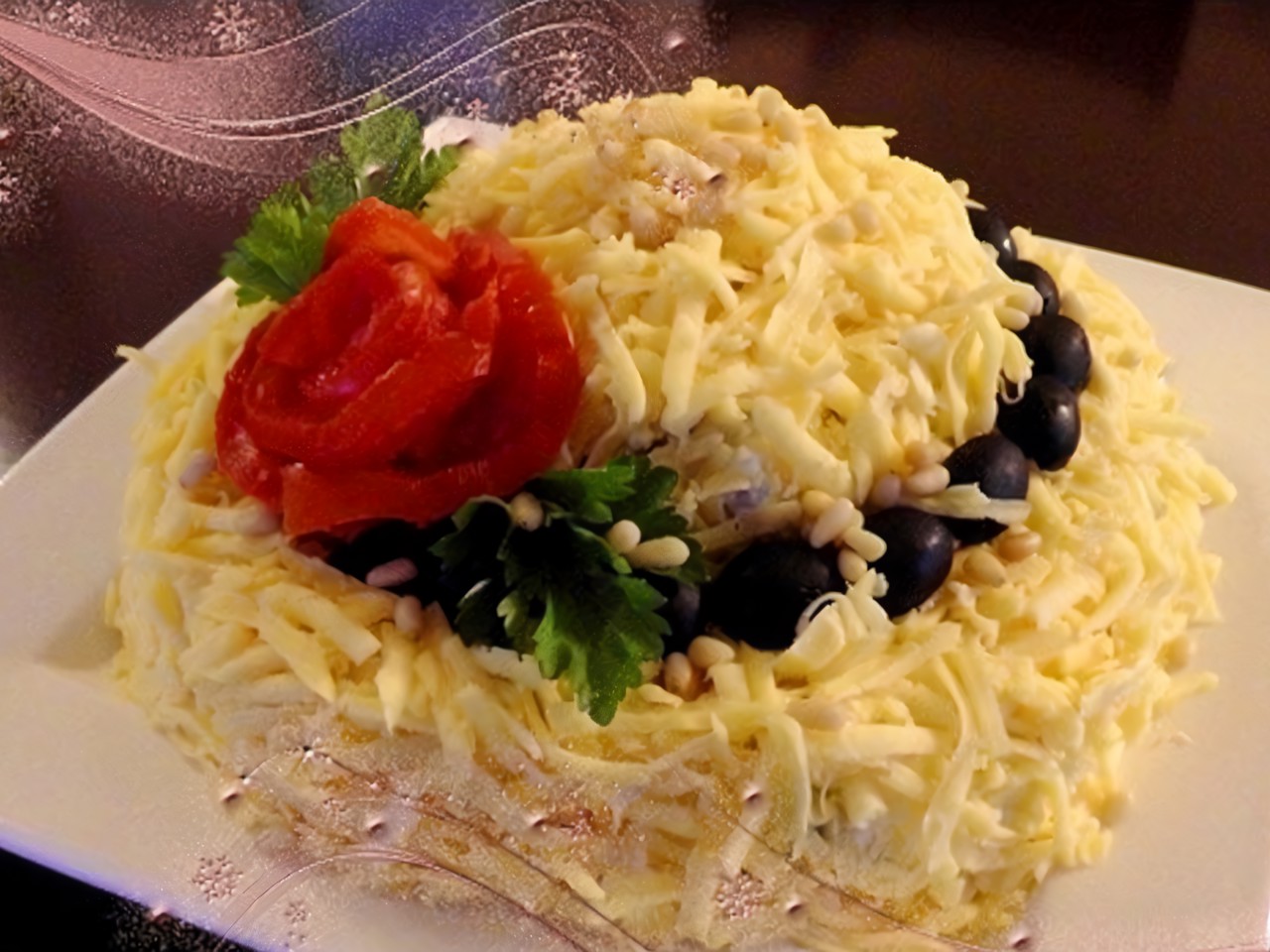 Festive Layered Salad with Meat and Mushrooms