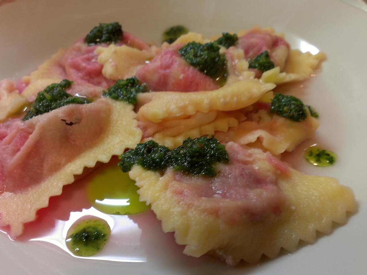Beet Ravioli with Ricotta, Parmesan, and Garlic Sauce