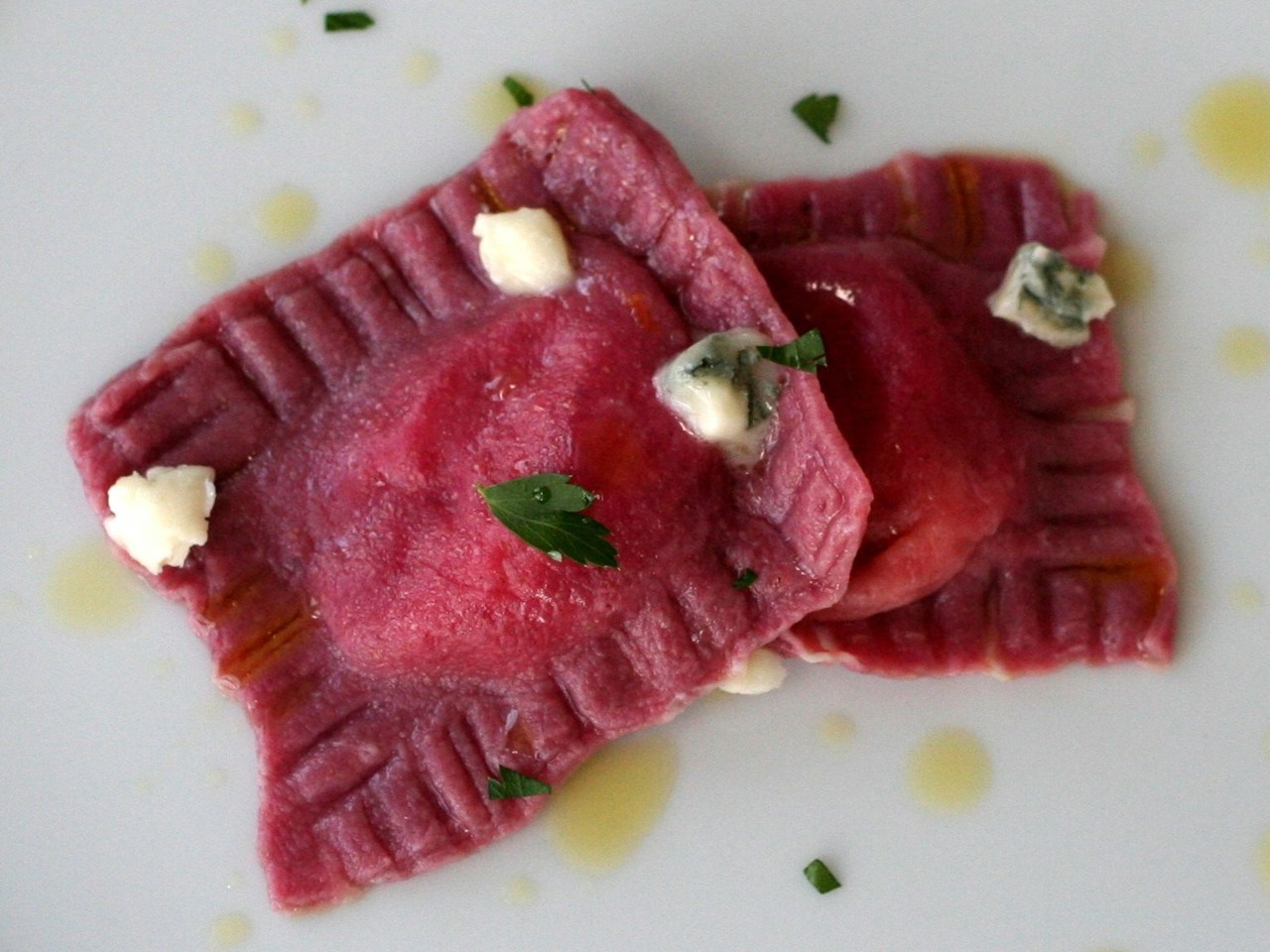 Ravioli with Beet Dough and Pumpkin