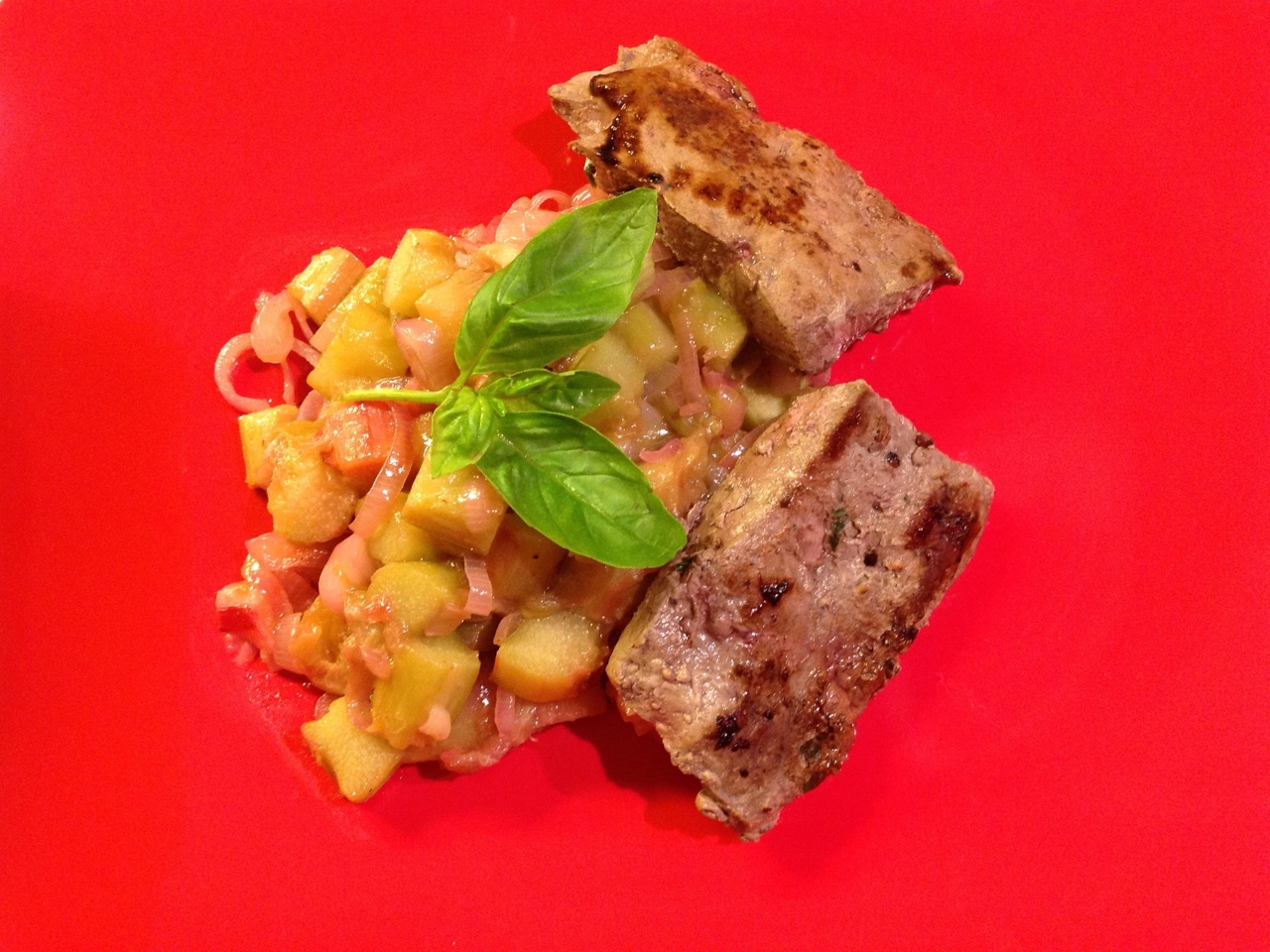 Rhubarb with Shallots and Beef Liver