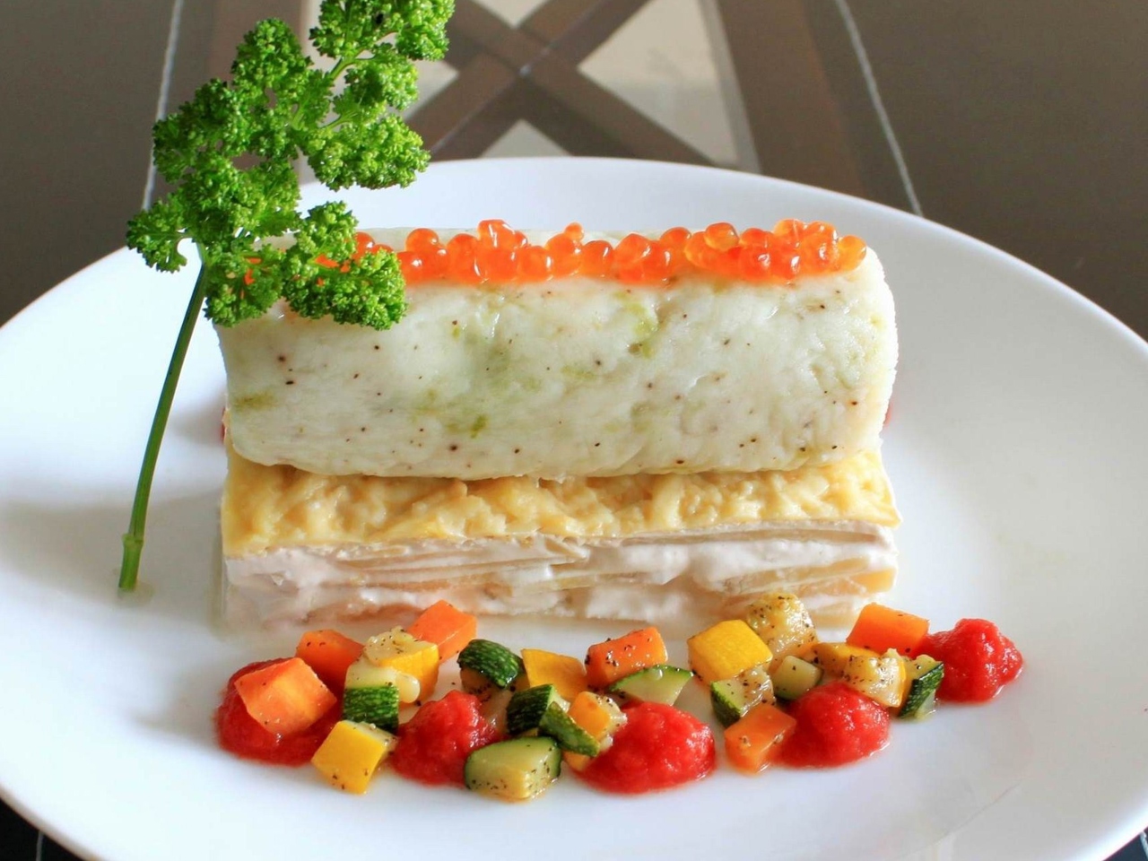 Fish Mousse with Dauphinoise Gratin, Vegetables, and Tomato Coulis