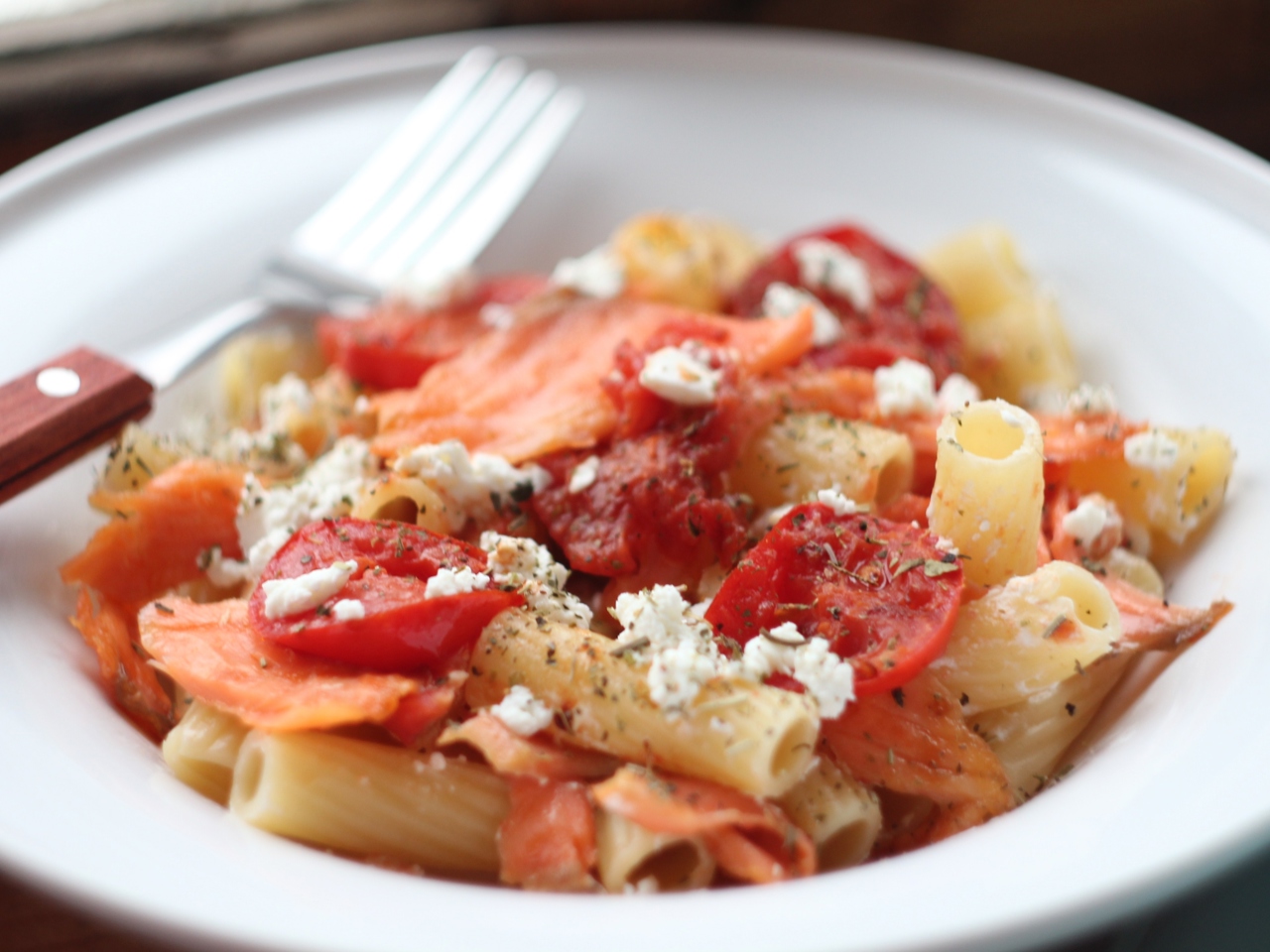 Rigatoni with Sautéed Salmon, Cherry Tomatoes, and Feta Cheese