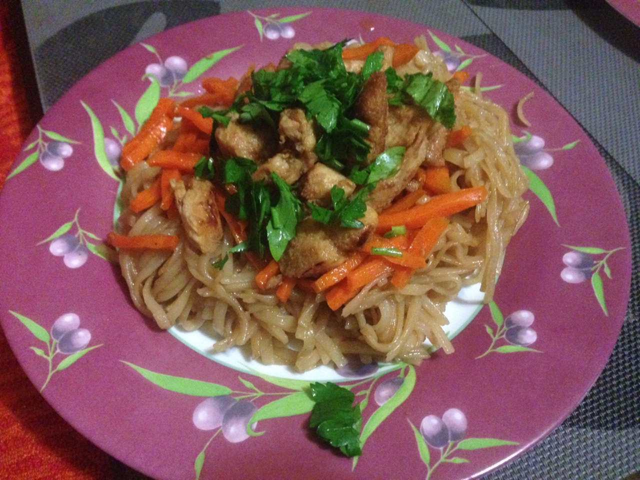 Rice Noodles with Chicken, Tkemali Sauce, and Caramelized Carrots