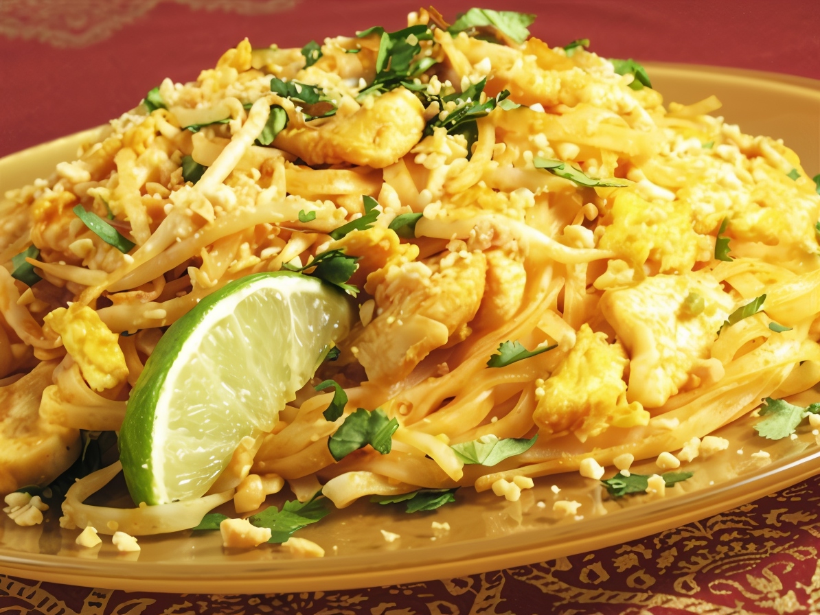 Rice Noodles with Chicken Fillet and Zucchini in Peanut Sauce