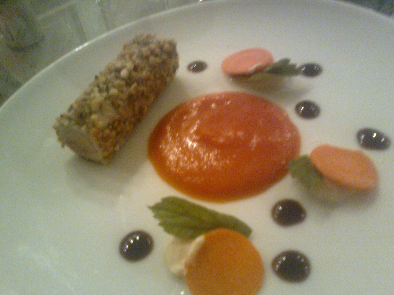 Pork and Shrimp Roll with Herb and Nut Crust, served with Sweet Potato Purée