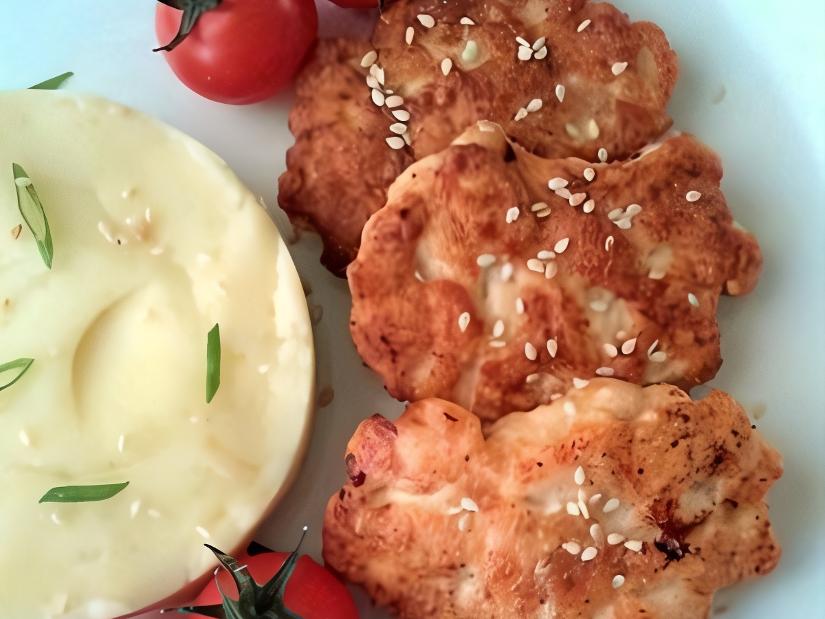 Chopped Chicken Cutlets with Sour Cream, Sesame, and Creamy Mashed Potatoes