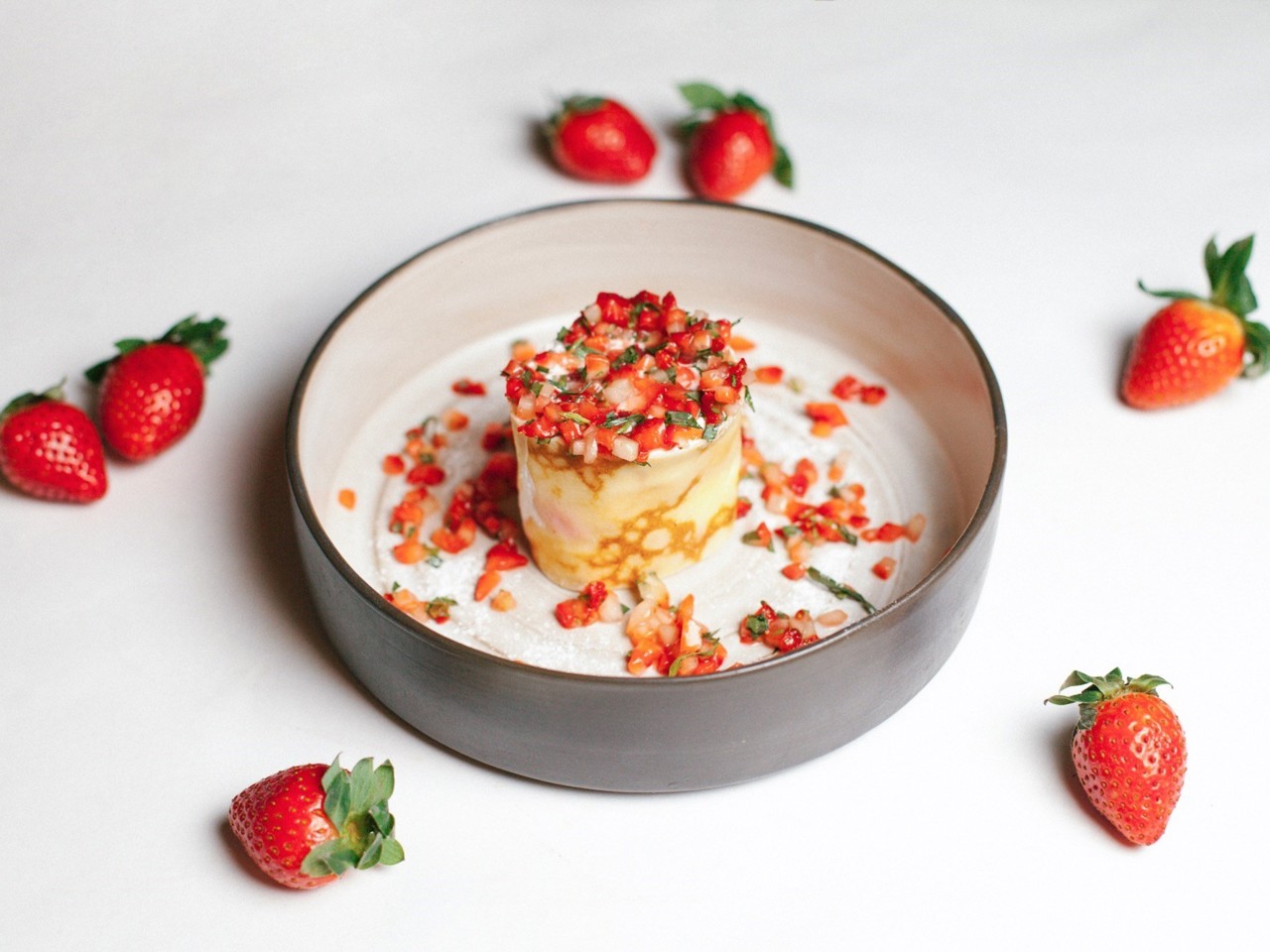 Crepe Roll with Cheese and Strawberry Tartare