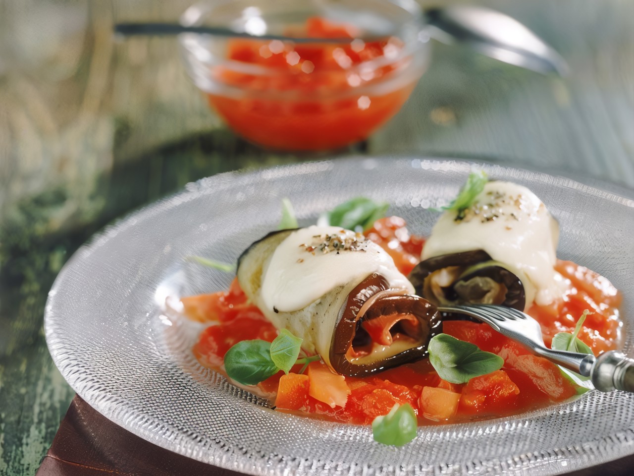 Eggplant and Mozzarella Rolls with Arugula Dressing