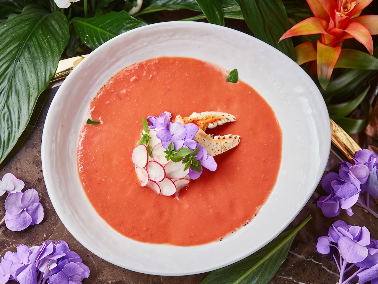 Ginger Gazpacho with Crab and Stracciatella