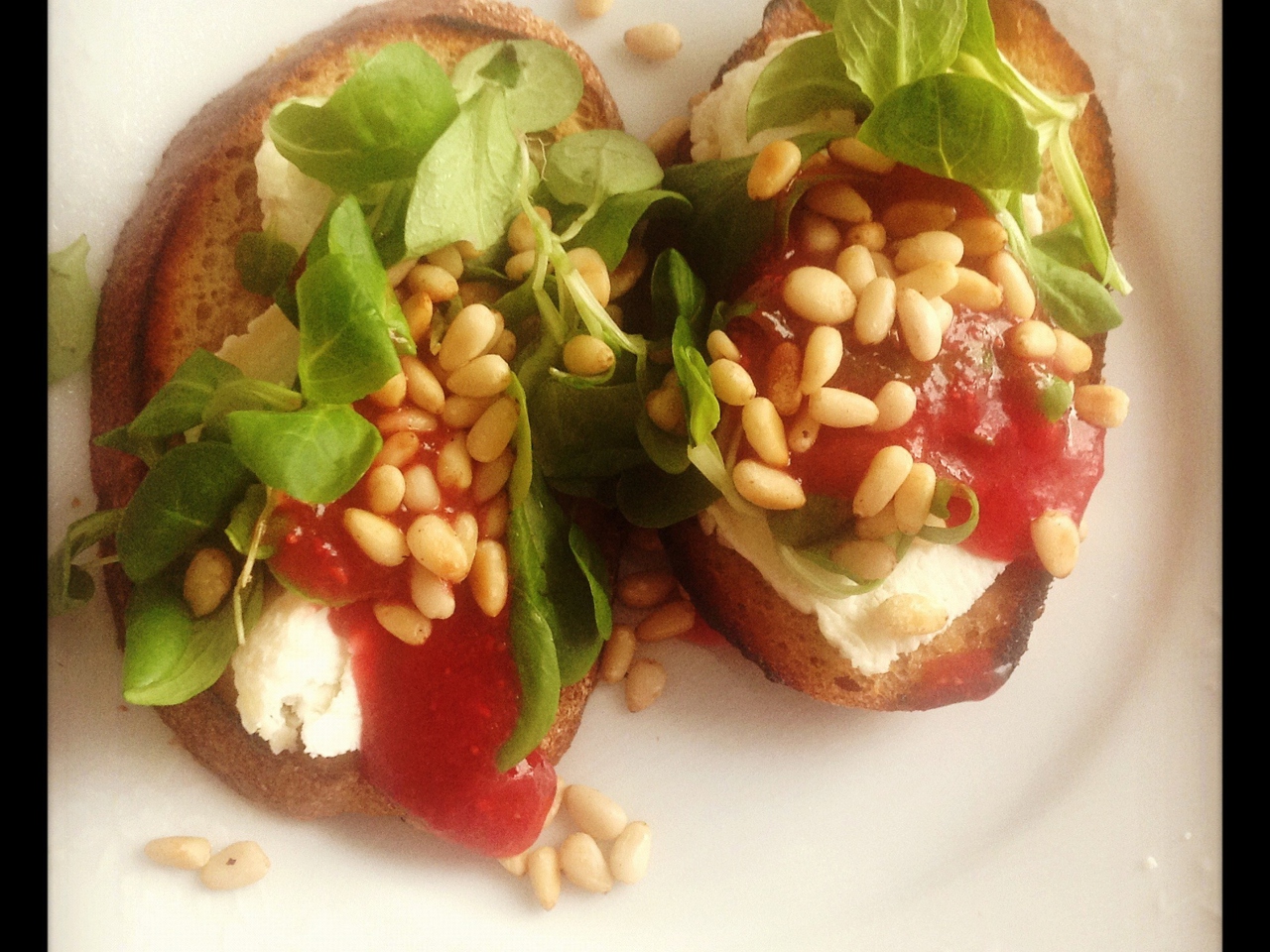 Rye Toasts with Goat Cheese, Berry Sauce, and Pine Nuts