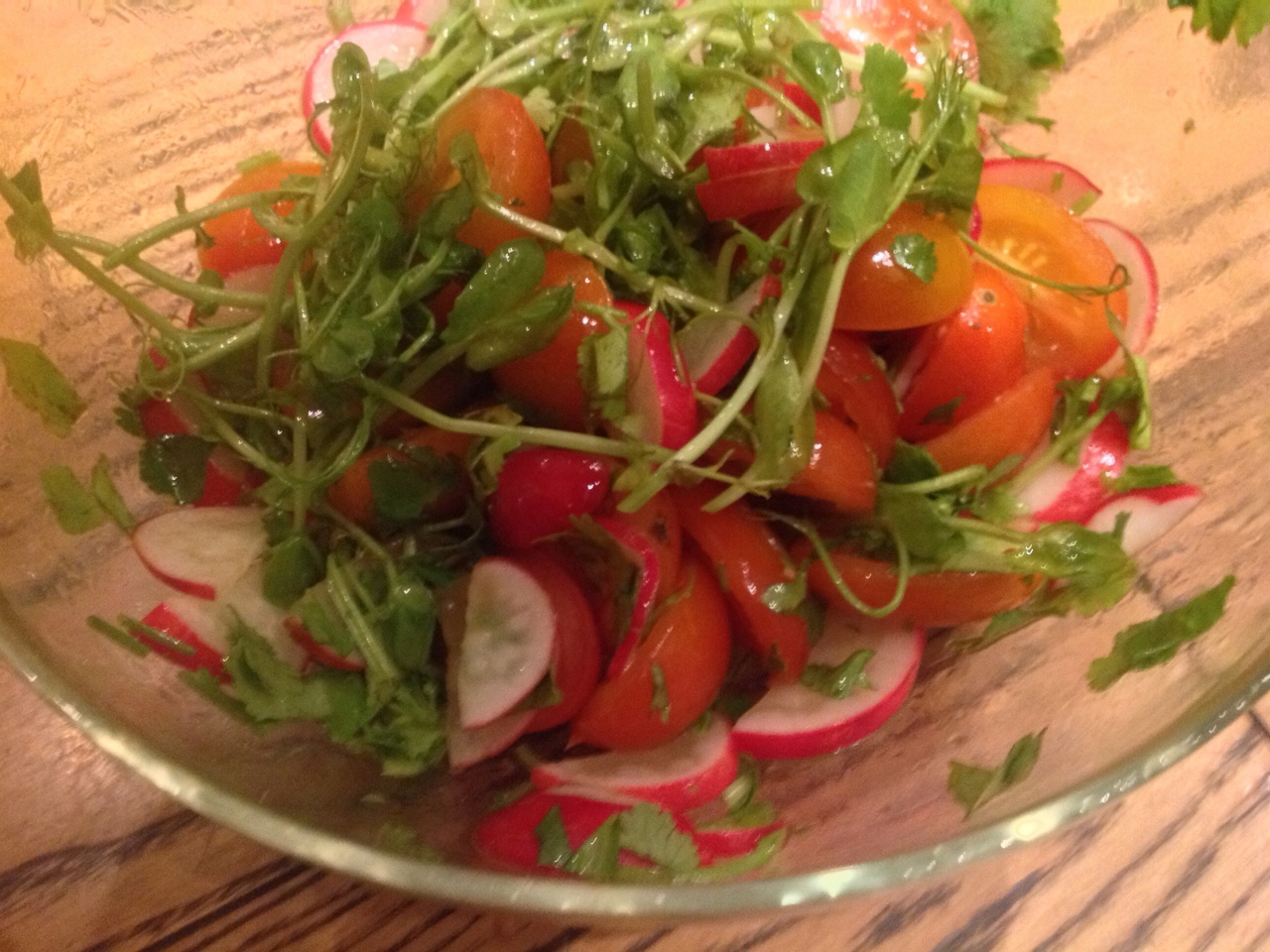 Cherry Tomato Salad with Radishes and Pea Shoots