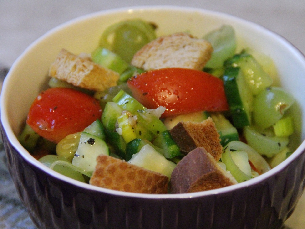 Fresh Vegetable Salad with Croutons, Green Grapes, and Mint