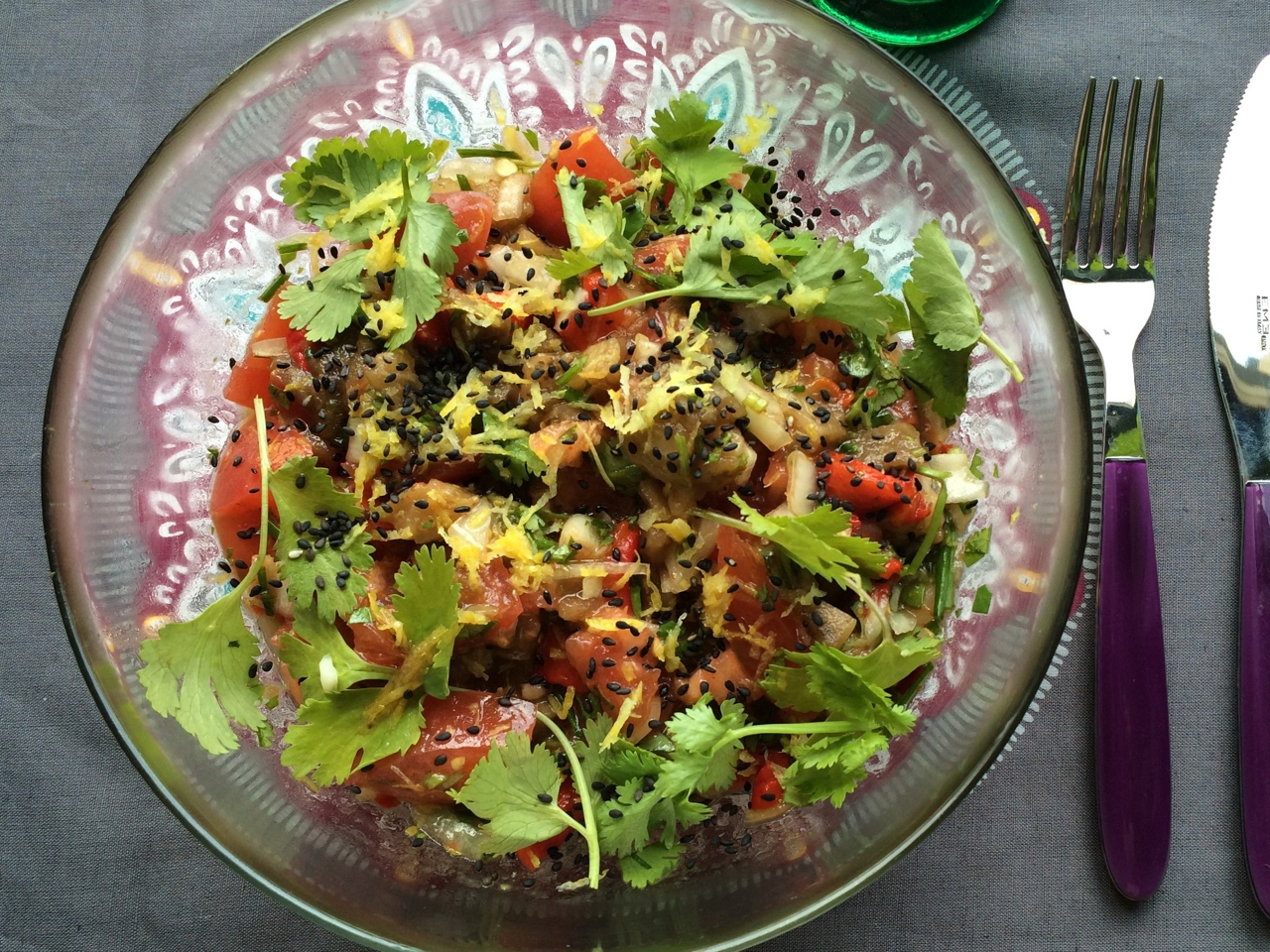 Roasted Eggplant and Pepper Salad with Sesame Dressing