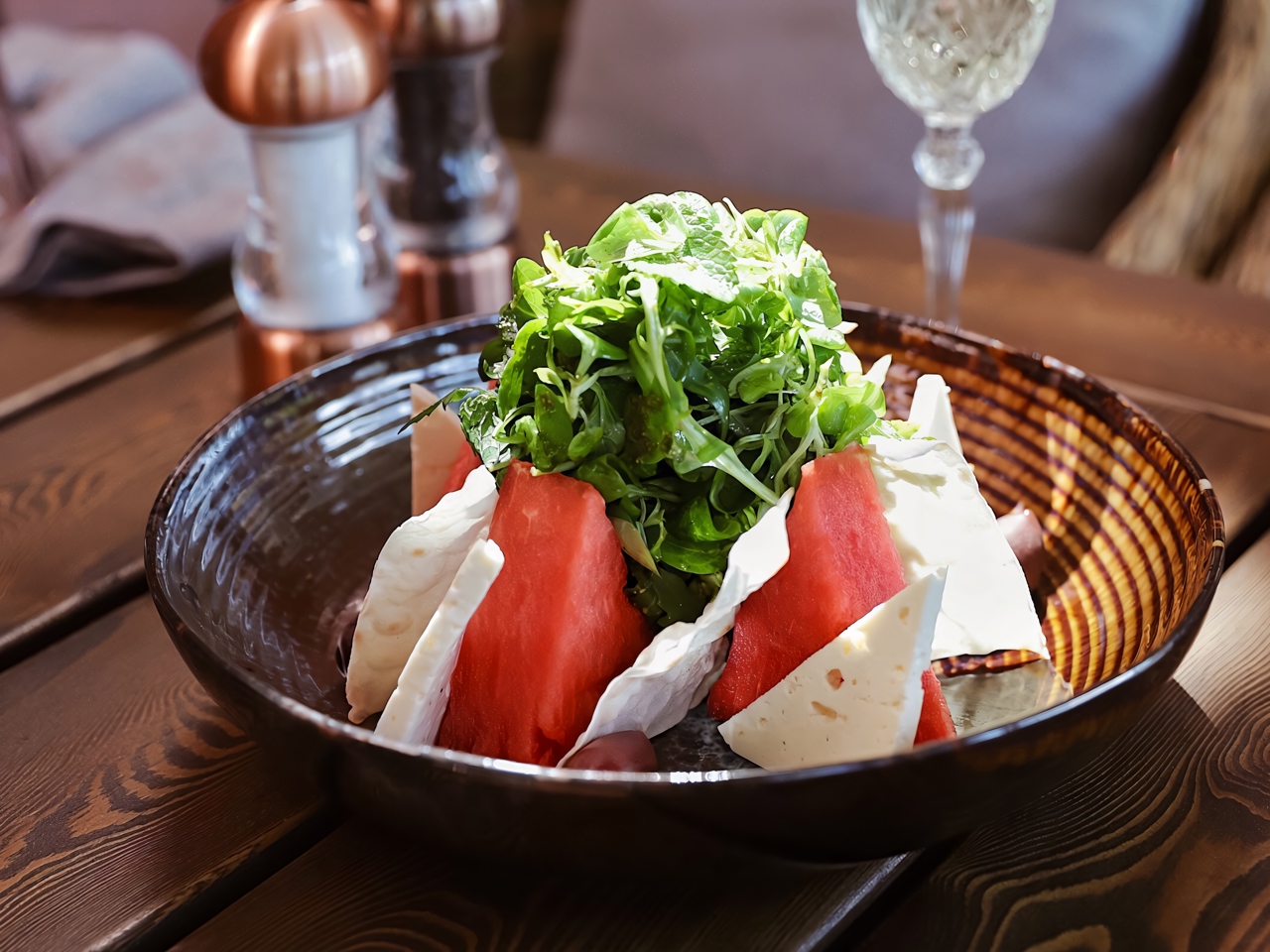 Watermelon Salad with Feta and Pesto Sauce