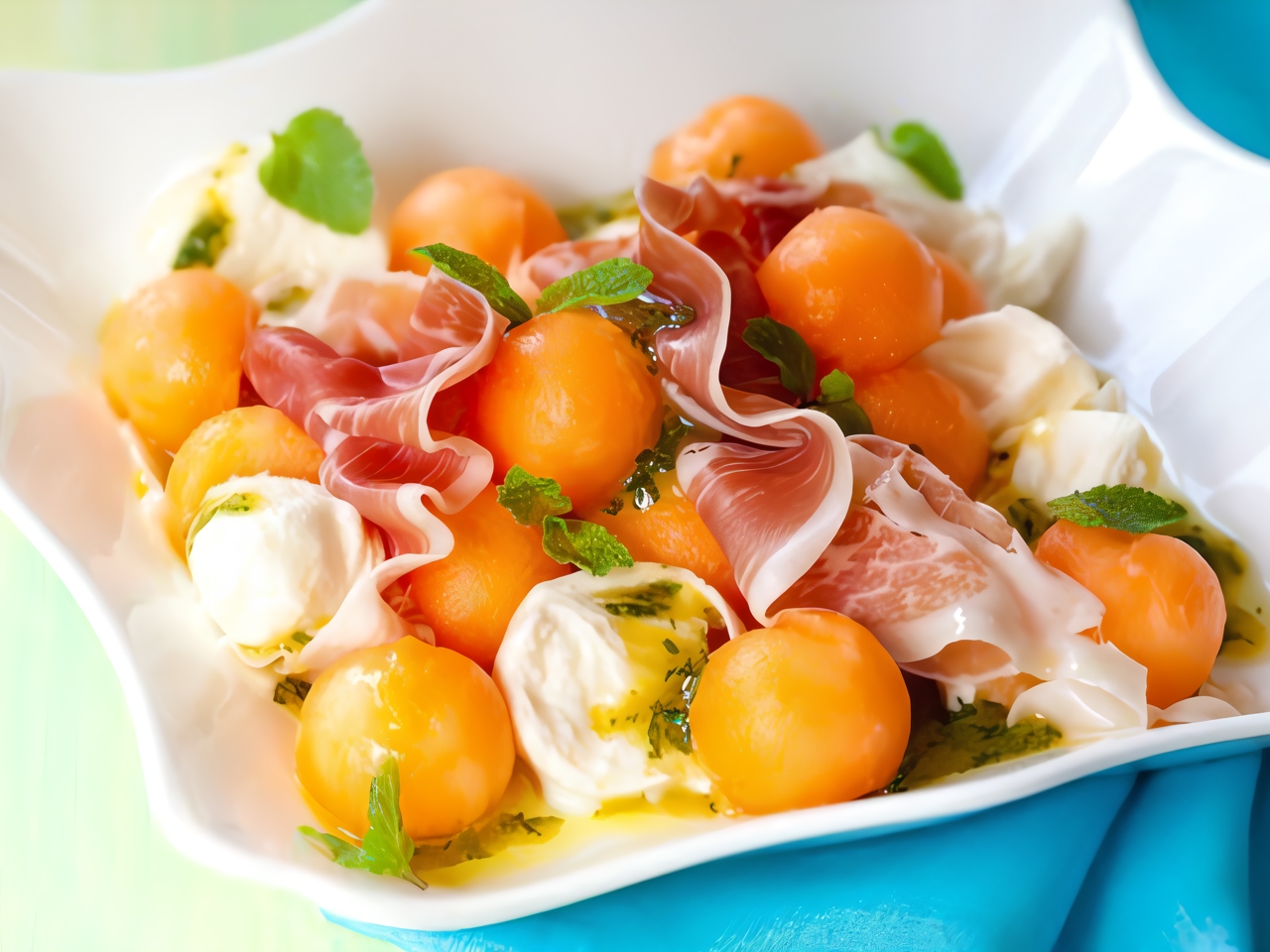 Melon Salad with Prosciutto, Goat Cheese, and Pine Nuts