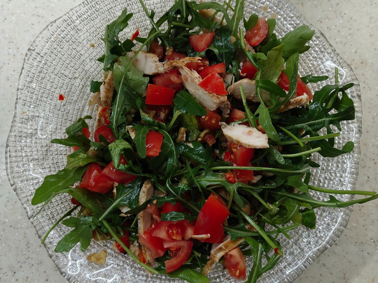 Chicken Salad with Roasted Eggplant, Bell Peppers, and Arugula