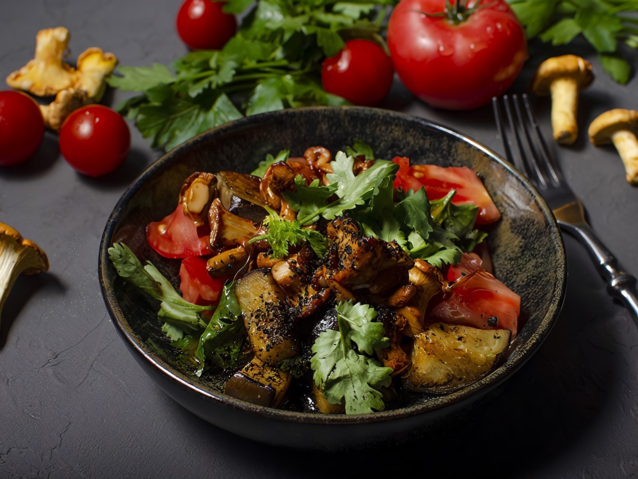Salad with Chanterelles, Eggplants, and Cilantro