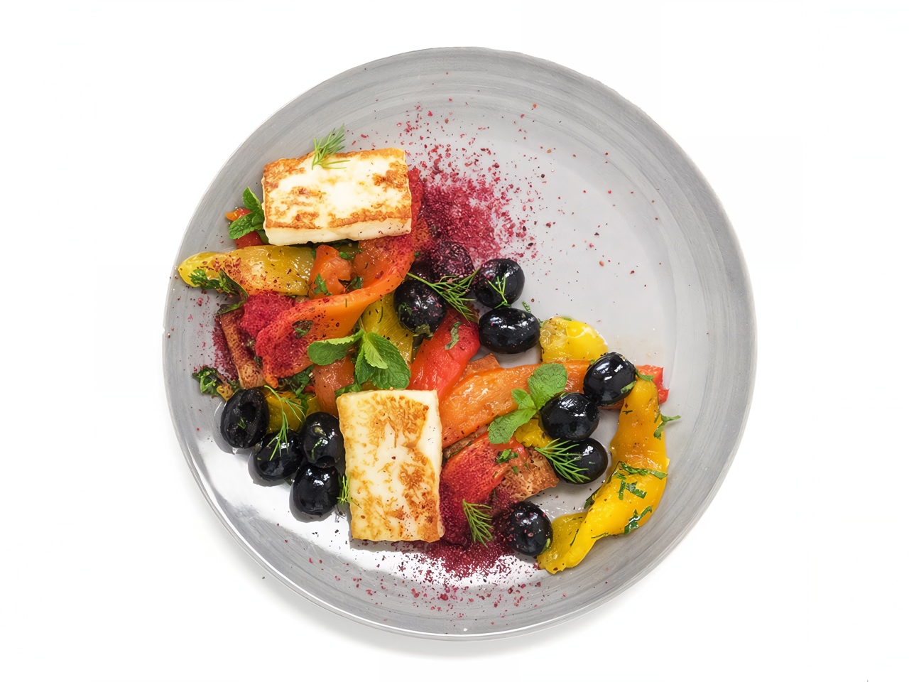 Salad with Grilled Halloumi, Sweet Peppers, and Olives