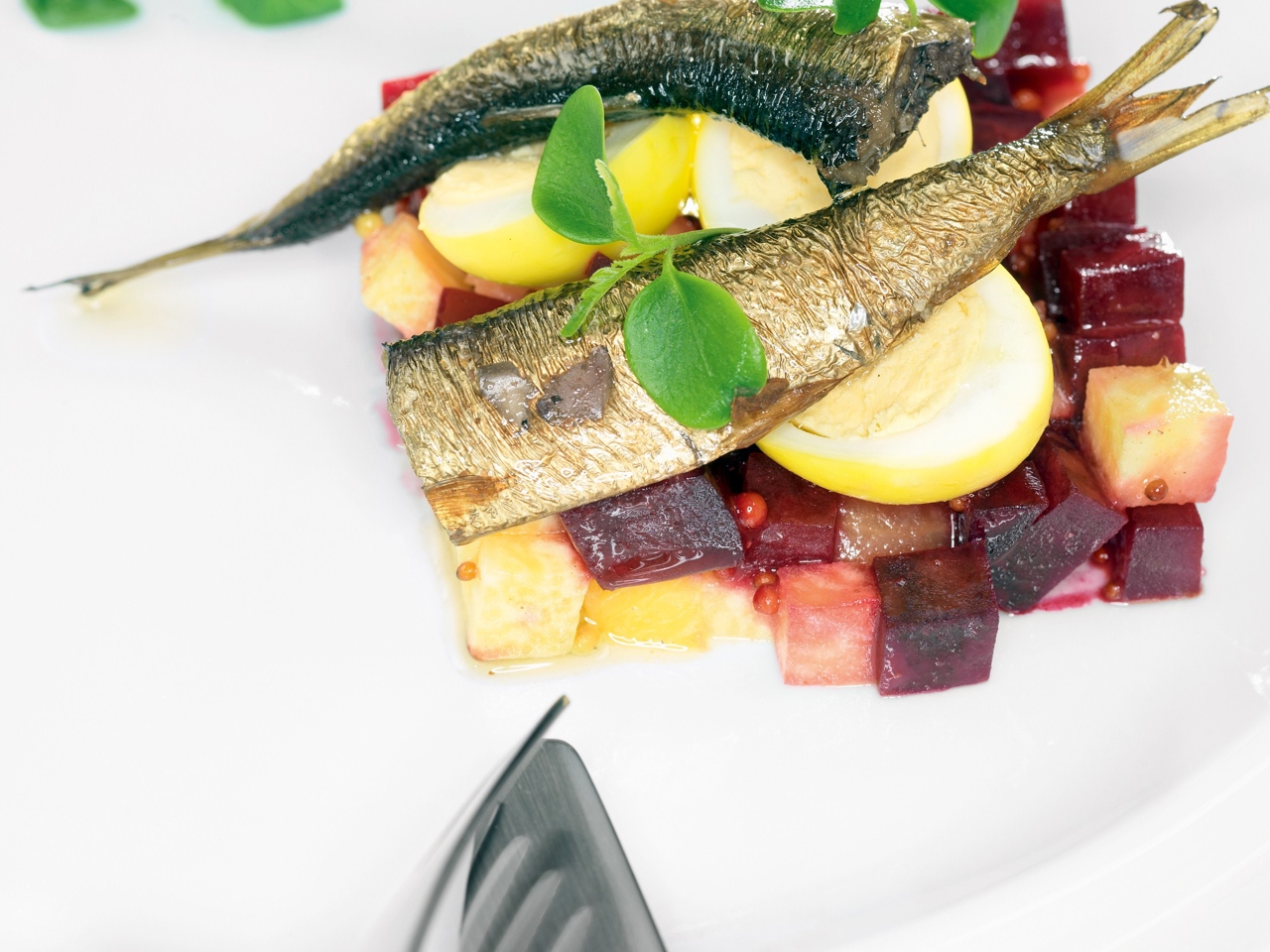 Salad with Sprats, Quail Eggs, and Root Vegetables