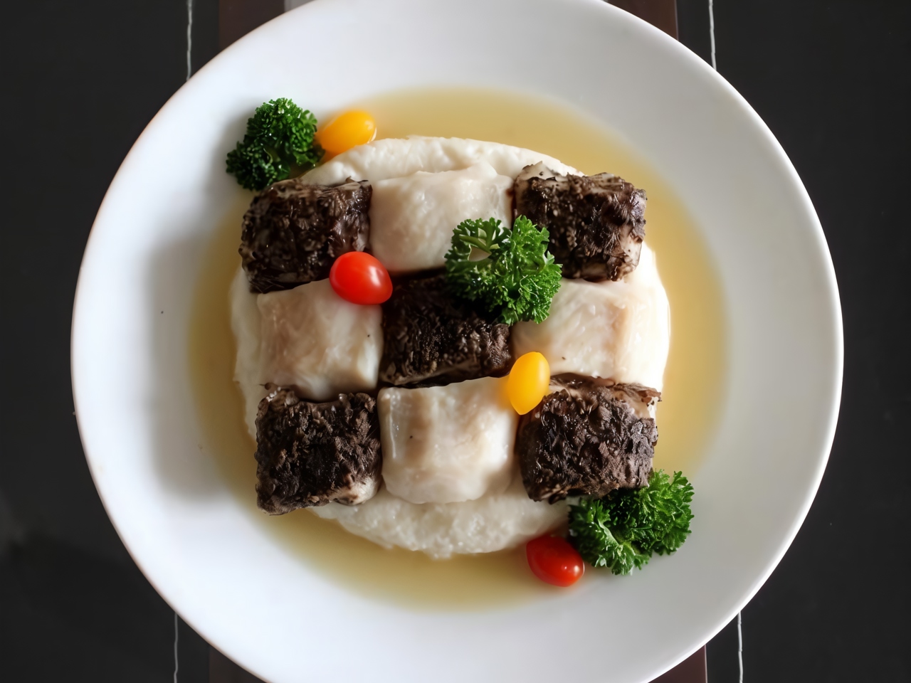 Chessboard of Fish with Basmati Cream and Mushroom Fume