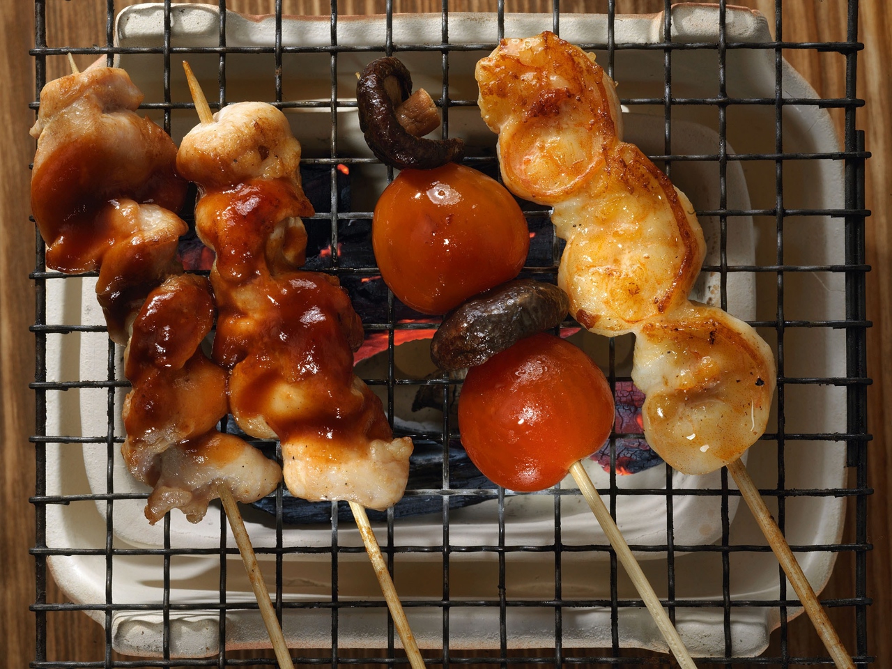 Skewers of Chicken, Shrimp, and Vegetables