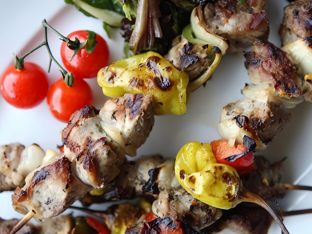 Goose Breast, Bacon, Onion, and Green Pepper Skewers