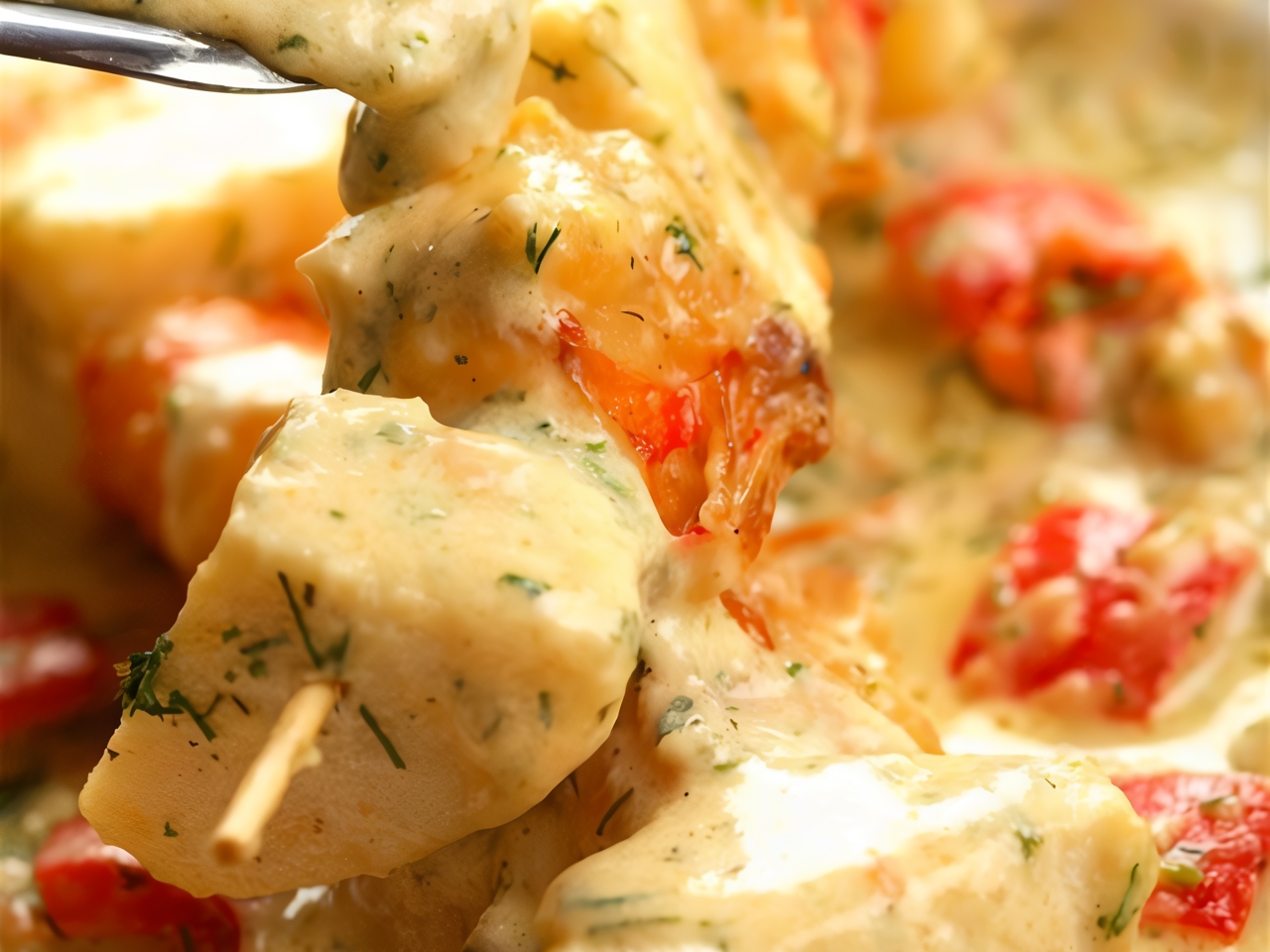 Halibut and Red Pepper Skewers in Yogurt and Pesto
