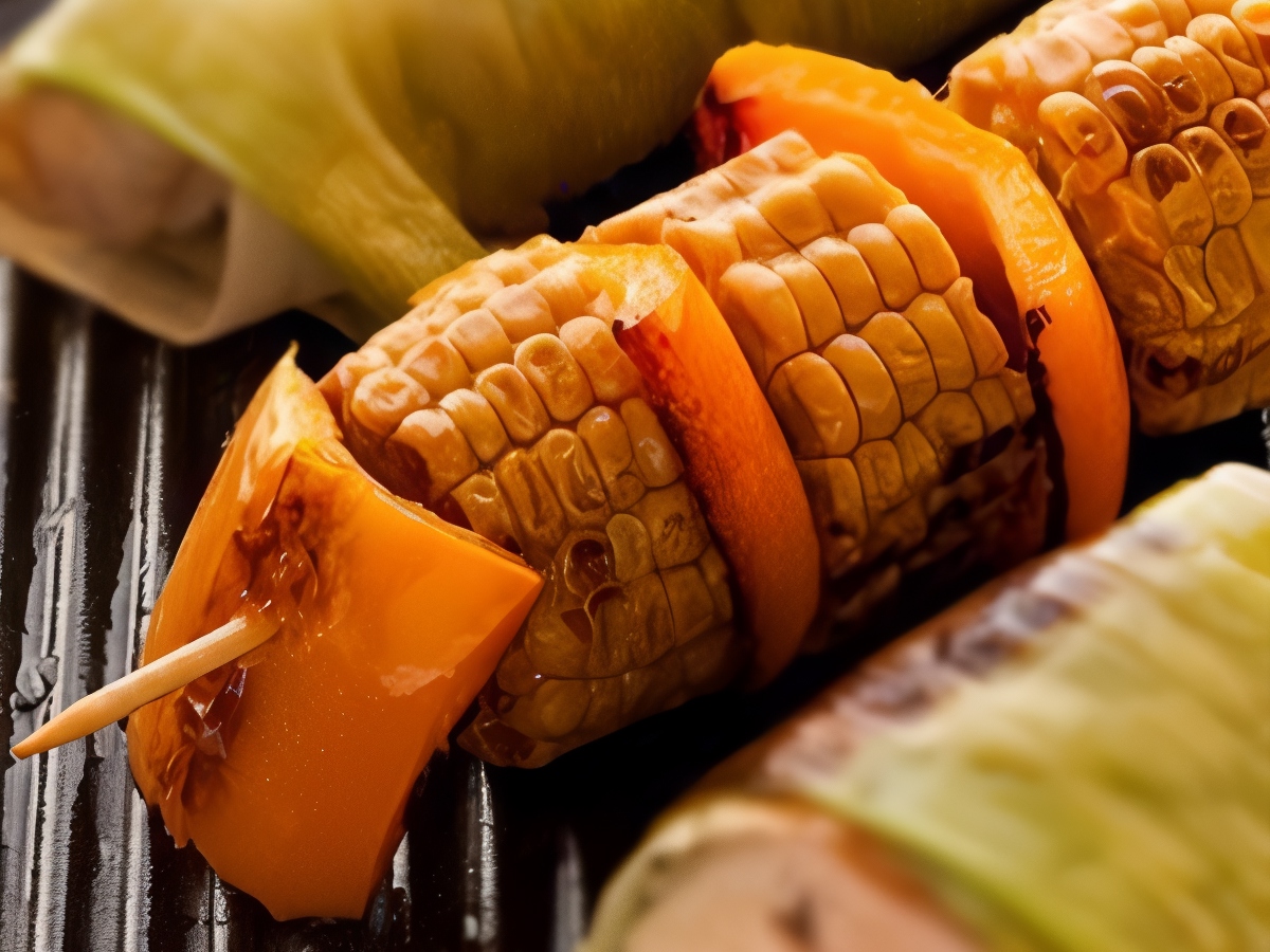 Grilled Skewers of Colorful Peppers and Corn in Aromatic Cumin Butter